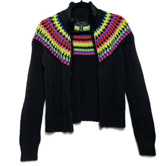 LRL LAUREN RALPH LAUREN Women's Black Full Zip Colorful Neon Yoke Cardigan Small - Picture 2 of 10